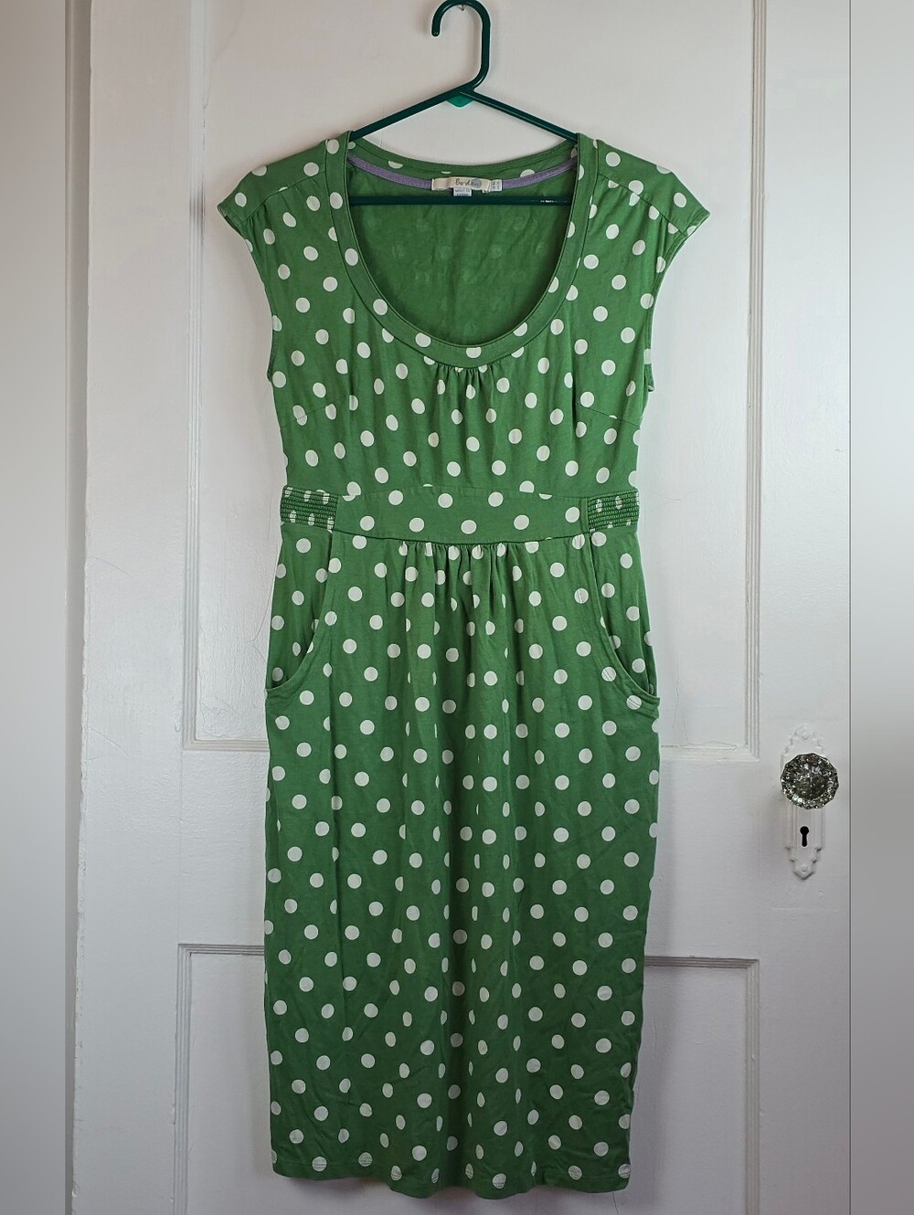 Boden Retro Green and White Polka Dot Knit Dress with Pockets 6L
